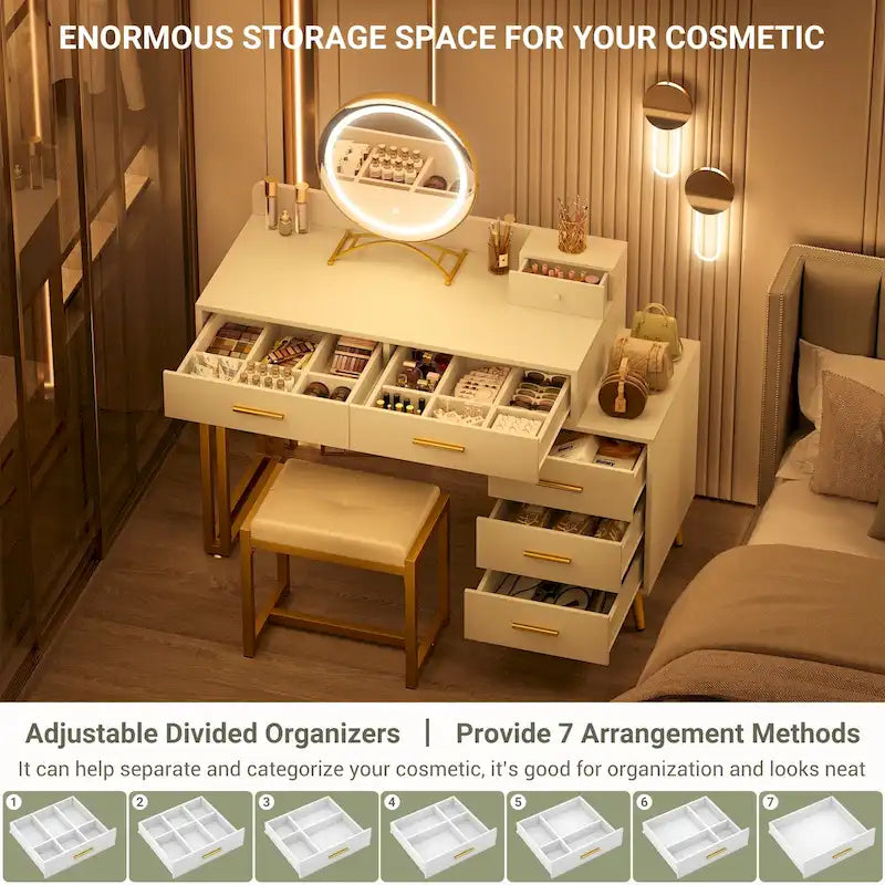 Coiffeuse avec tabouret et miroir LED, coiffeuse moderne avec 6 tiroirs de rangement