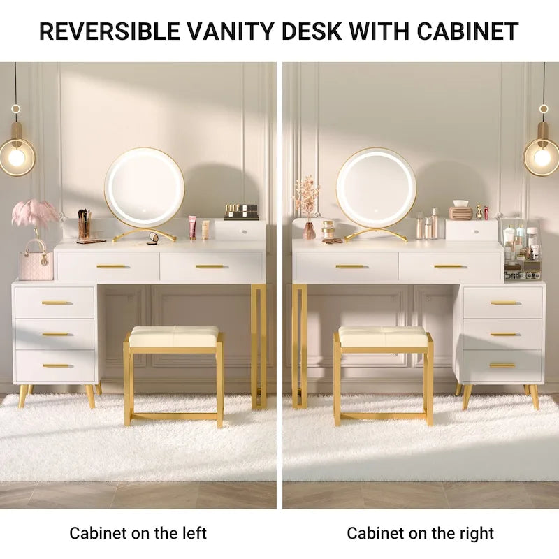 Coiffeuse avec tabouret et miroir LED, coiffeuse moderne avec 6 tiroirs de rangement
