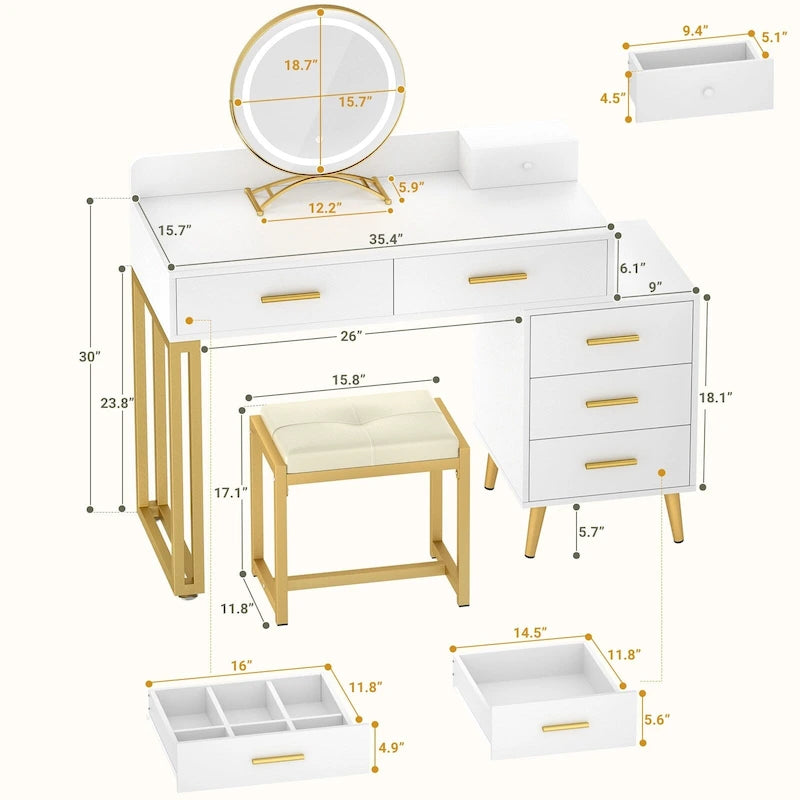 Coiffeuse avec tabouret et miroir LED, coiffeuse moderne avec 6 tiroirs de rangement