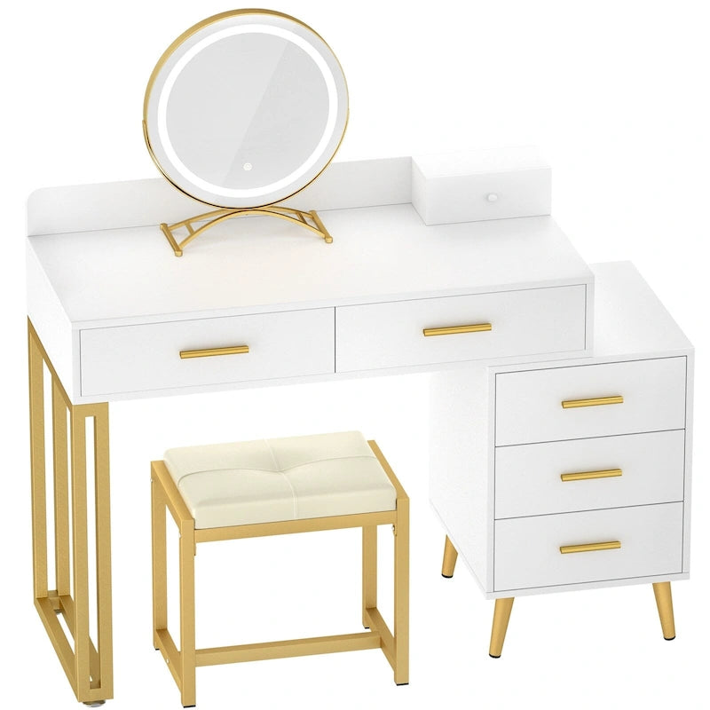 Coiffeuse avec tabouret et miroir LED, coiffeuse moderne avec 6 tiroirs de rangement