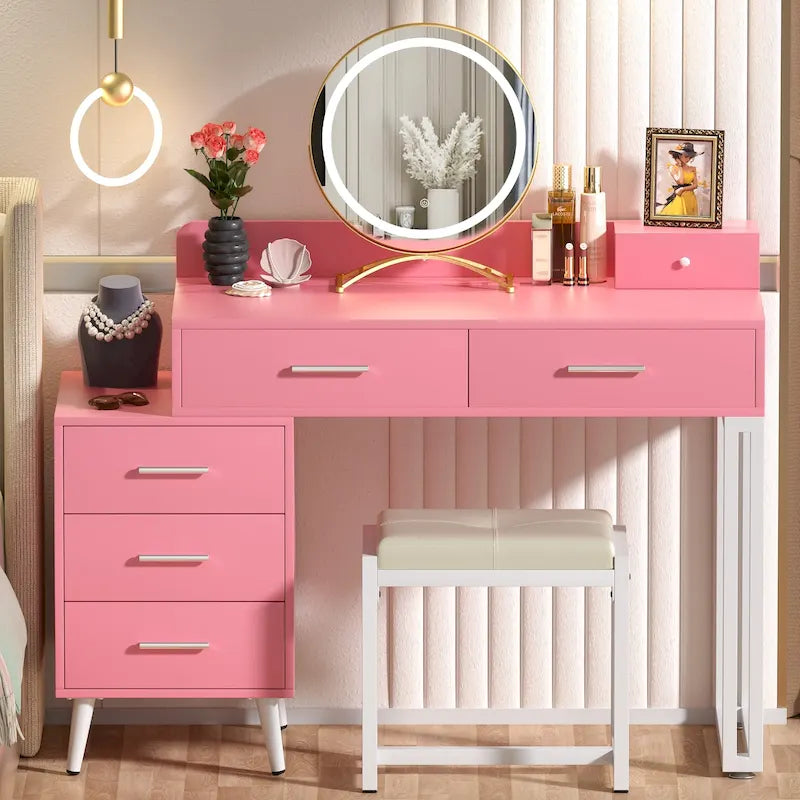 Coiffeuse avec tabouret et miroir LED, coiffeuse moderne avec 6 tiroirs de rangement