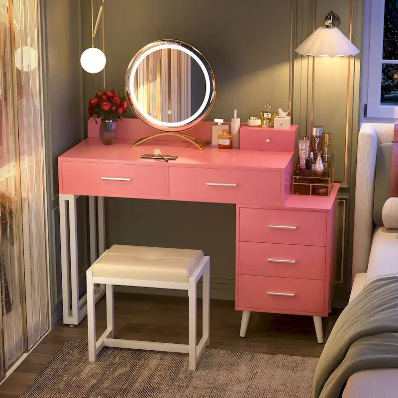 Coiffeuse avec tabouret et miroir LED, coiffeuse moderne avec 6 tiroirs de rangement