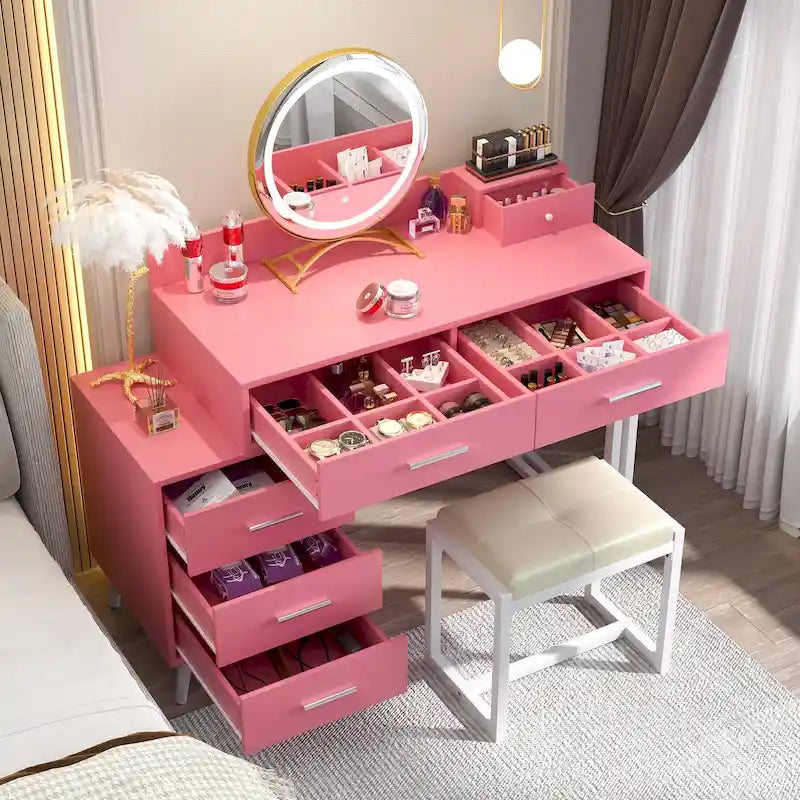 Coiffeuse avec tabouret et miroir LED, coiffeuse moderne avec 6 tiroirs de rangement