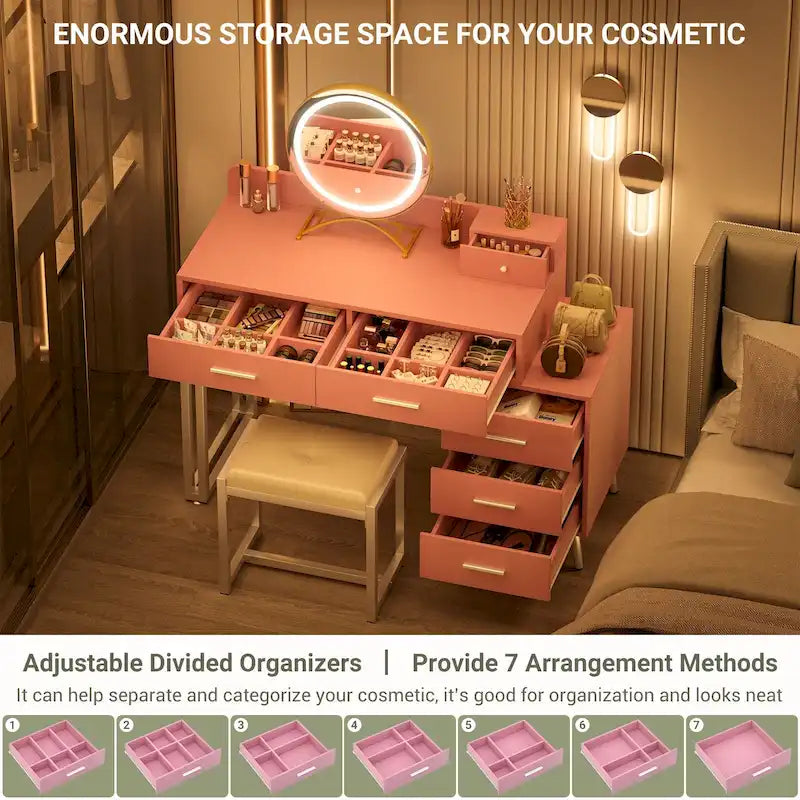 Coiffeuse avec tabouret et miroir LED, coiffeuse moderne avec 6 tiroirs de rangement