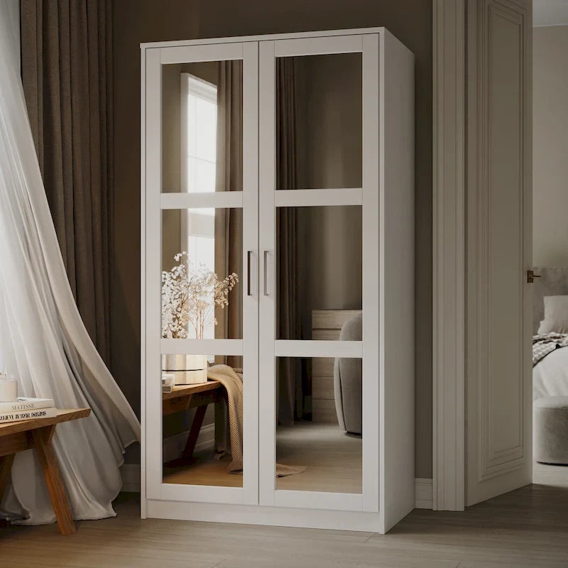 Armoire urbaine à 2 portes 100 % en bois massif avec portes pleines et portes miroir