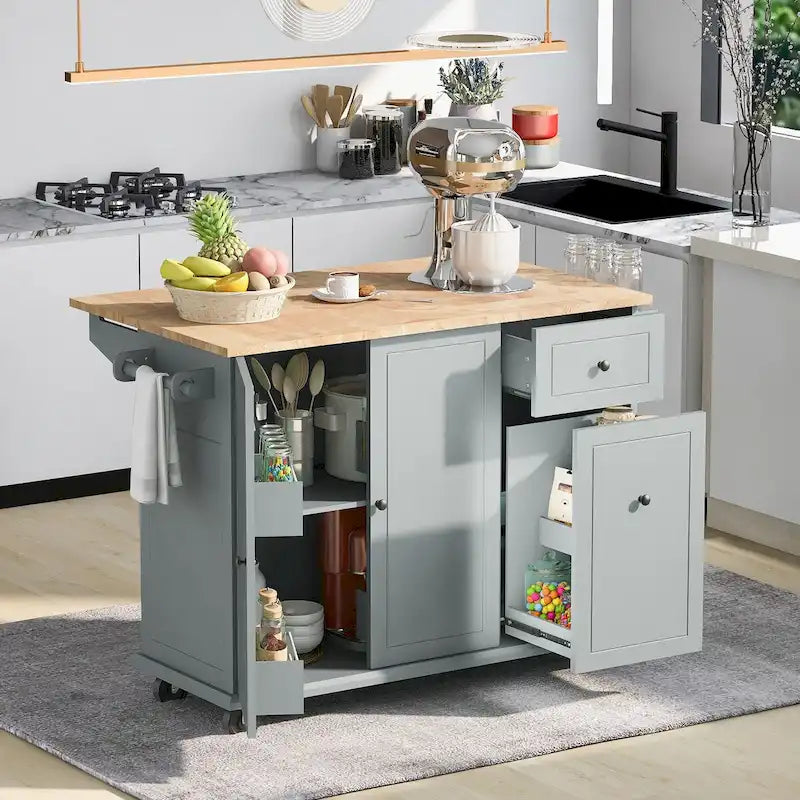 Un îlot de cuisine mobile, rangement, étagères réglables, roulettes