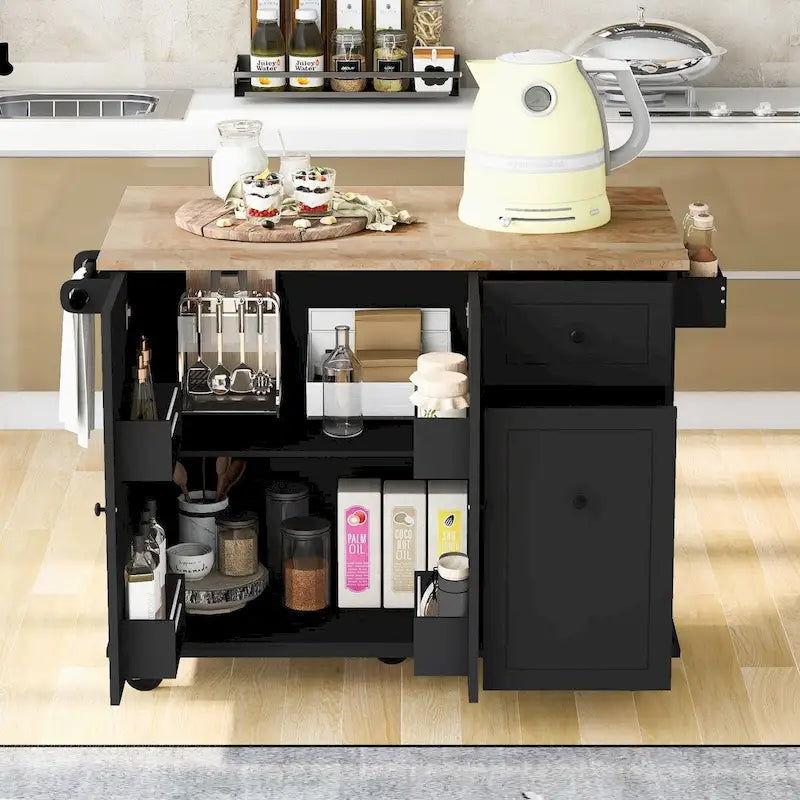 Un îlot de cuisine mobile, rangement, étagères réglables, roulettes