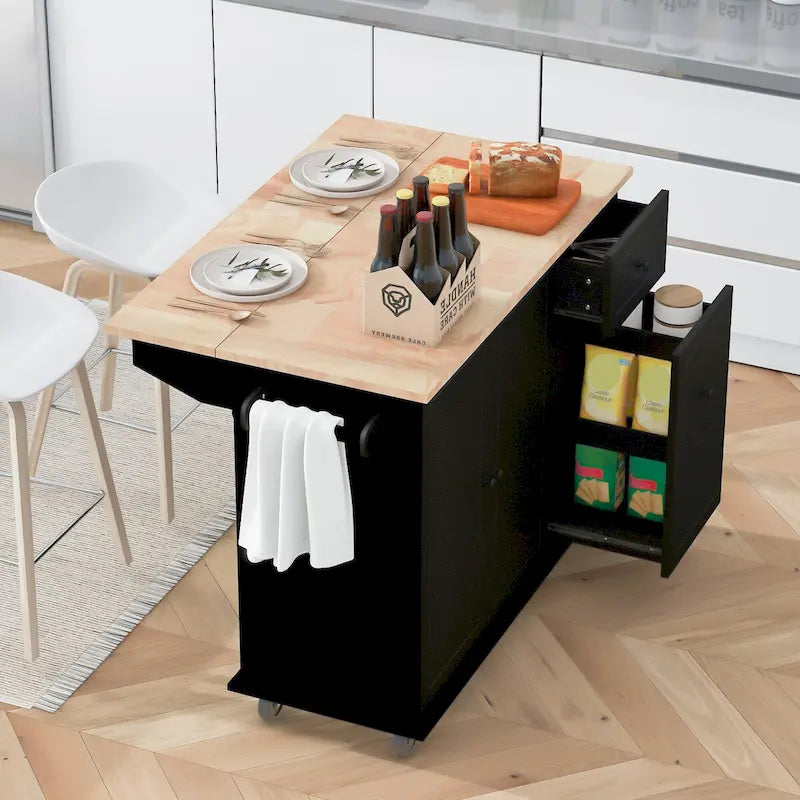 Un îlot de cuisine mobile, rangement, étagères réglables, roulettes