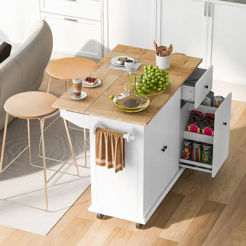 Un îlot de cuisine mobile, rangement, étagères réglables, roulettes