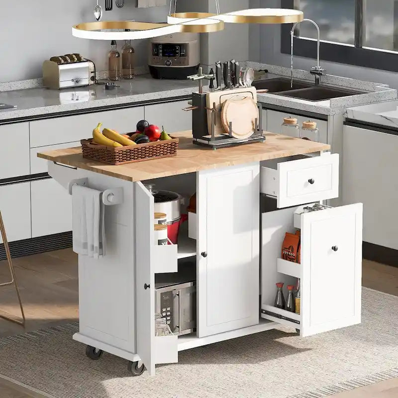 Un îlot de cuisine mobile, rangement, étagères réglables, roulettes