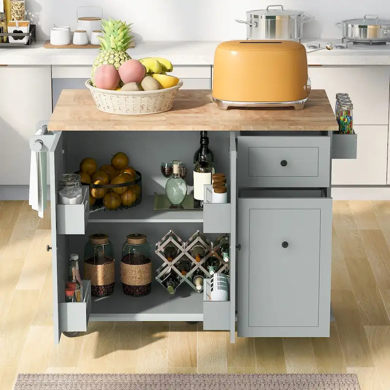Un îlot de cuisine mobile, rangement, étagères réglables, roulettes