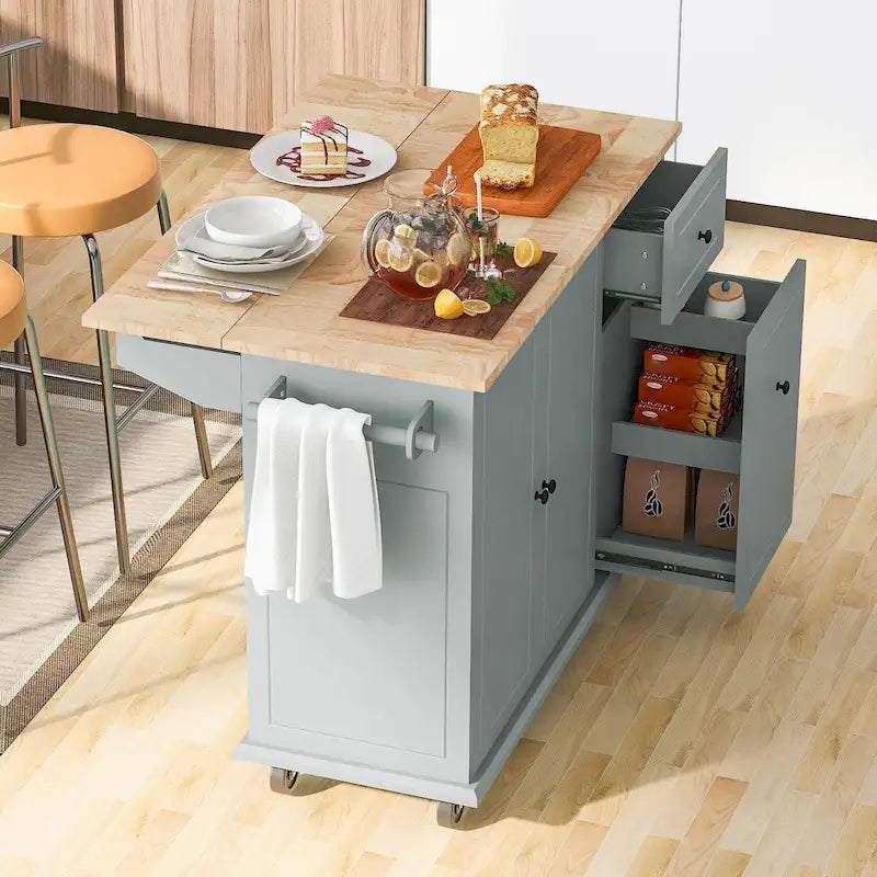 Un îlot de cuisine mobile, rangement, étagères réglables, roulettes