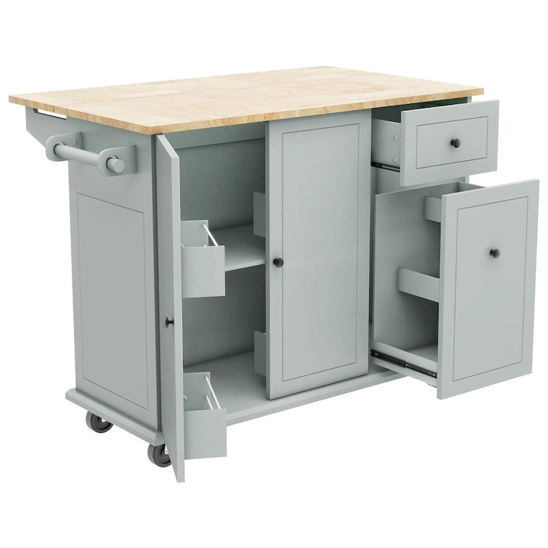 Un îlot de cuisine mobile, rangement, étagères réglables, roulettes