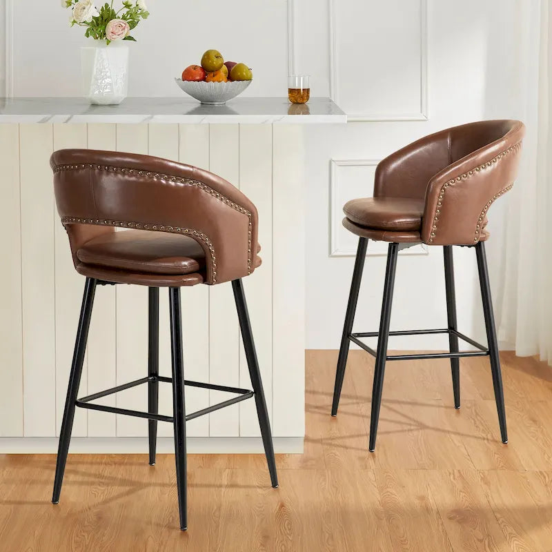 Lot de 2 tabourets de bar modernes du milieu du siècle en similicuir, hauteur 40,5 po avec clous décoratifs