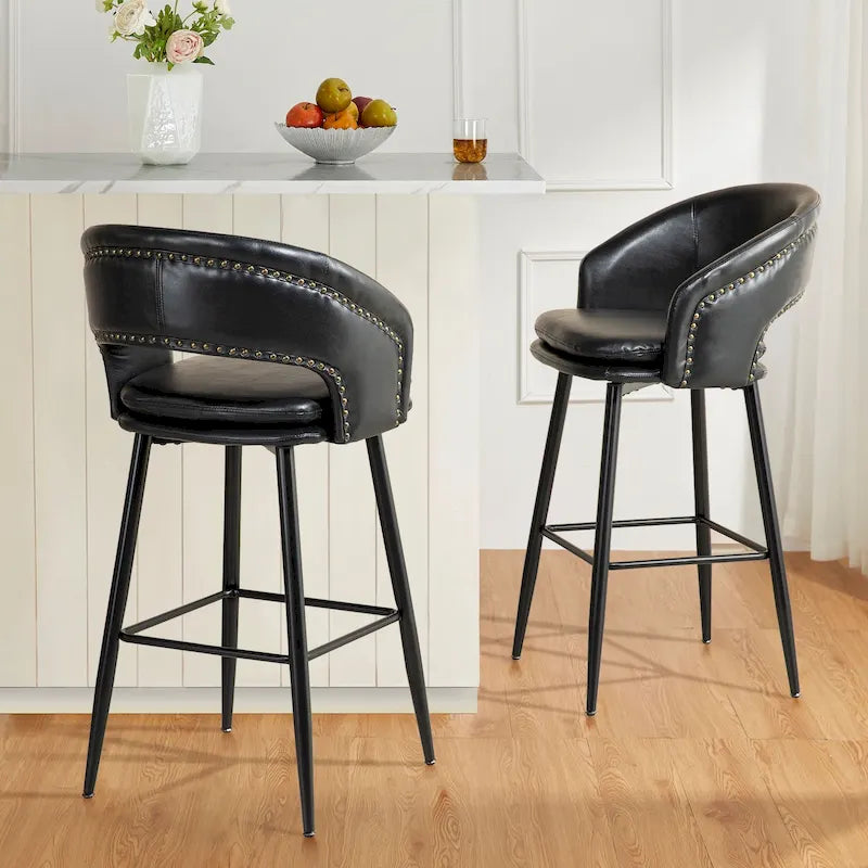 Lot de 2 tabourets de bar modernes du milieu du siècle en similicuir, hauteur 40,5 po avec clous décoratifs