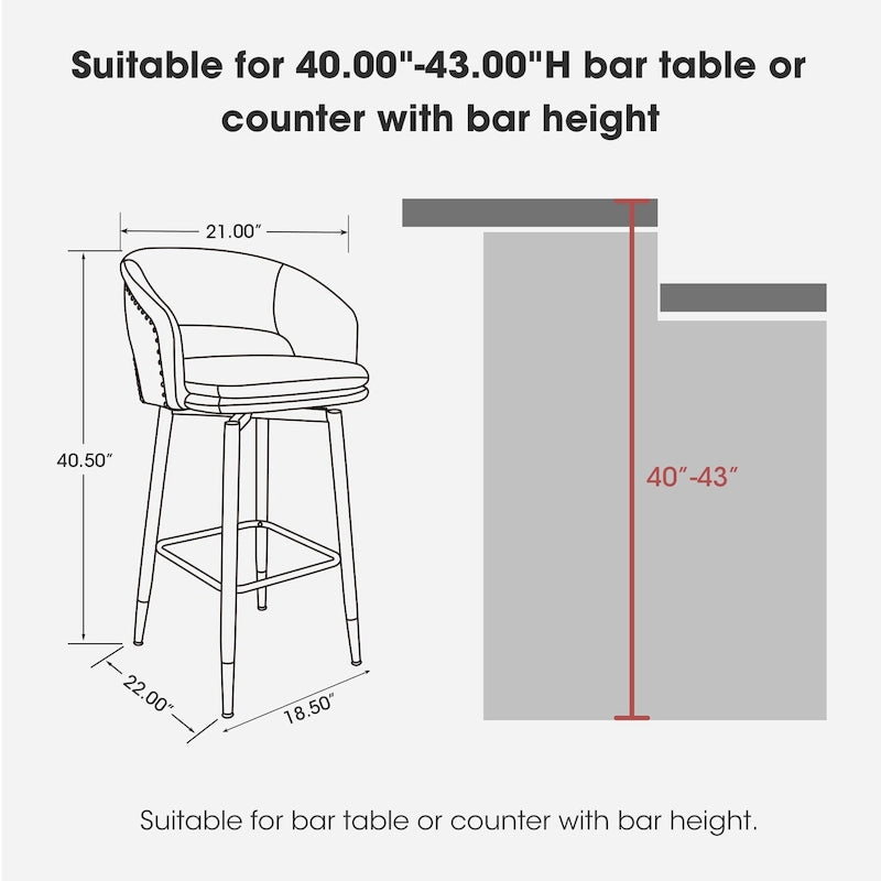 Lot de 2 tabourets de bar modernes du milieu du siècle en similicuir, hauteur 40,5 po avec clous décoratifs
