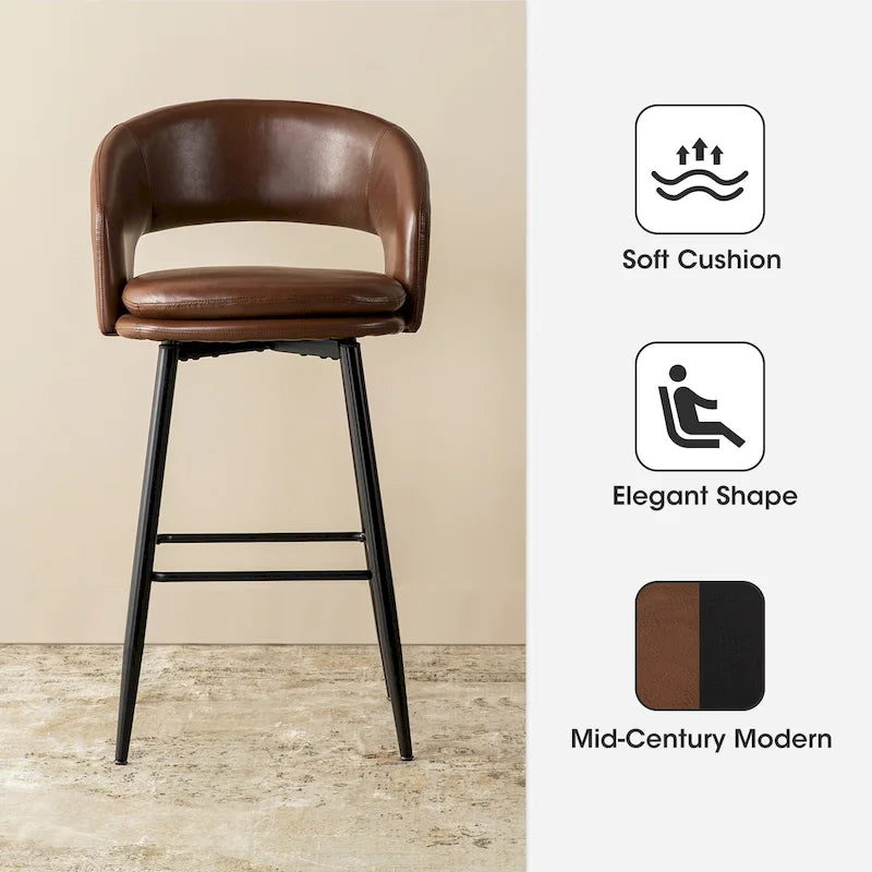 Lot de 2 tabourets de bar modernes du milieu du siècle en similicuir, hauteur 40,5 po avec clous décoratifs