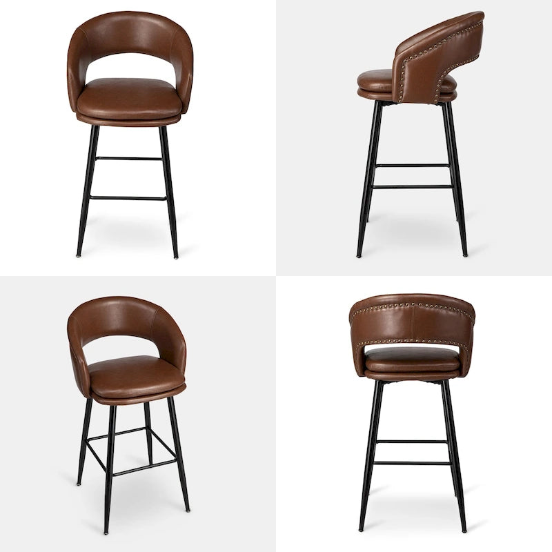 Lot de 2 tabourets de bar modernes du milieu du siècle en similicuir, hauteur 40,5 po avec clous décoratifs