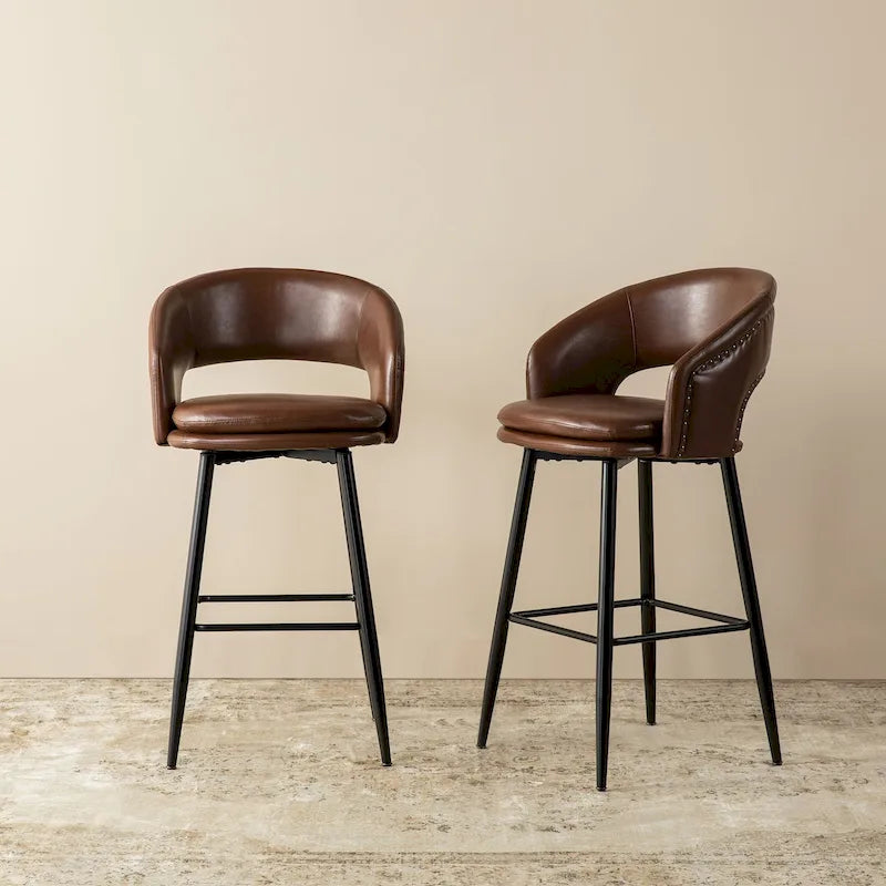 Lot de 2 tabourets de bar modernes du milieu du siècle en similicuir, hauteur 40,5 po avec clous décoratifs
