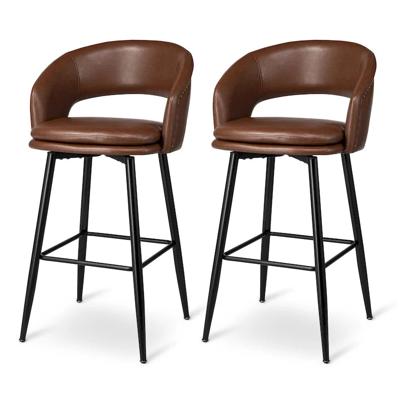 Lot de 2 tabourets de bar modernes du milieu du siècle en similicuir, hauteur 40,5 po avec clous décoratifs