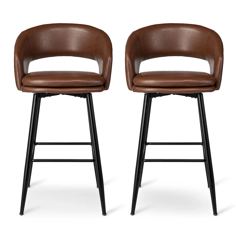 Lot de 2 tabourets de bar modernes du milieu du siècle en similicuir, hauteur 40,5 po avec clous décoratifs