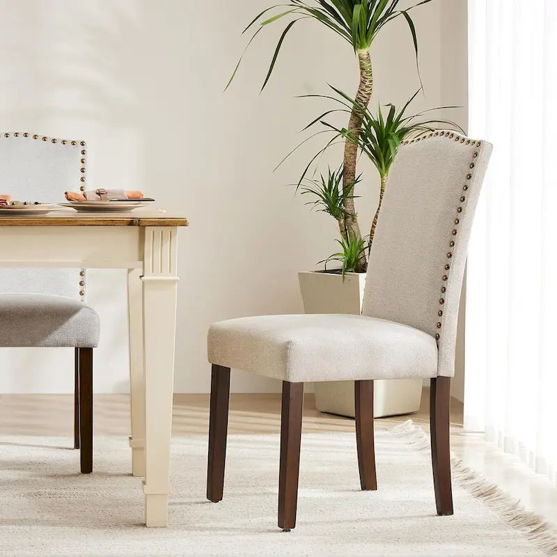 Lot de 2 chaises de salle à manger capitonnées, chaises de salle à manger modernes en tissu capitonné avec garniture cloutée et pieds en bois