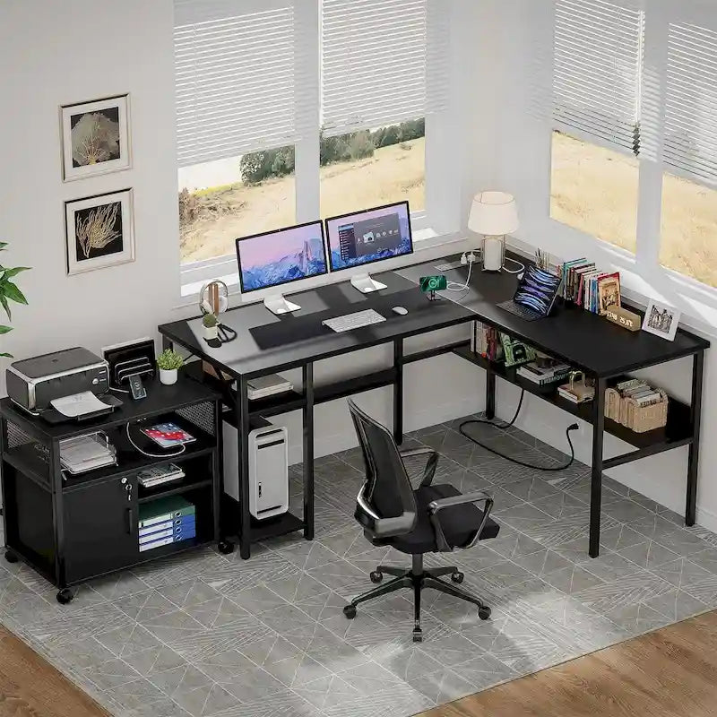 Bureau d'angle réversible avec étagères de rangement et station de charge pour bureau à domicile