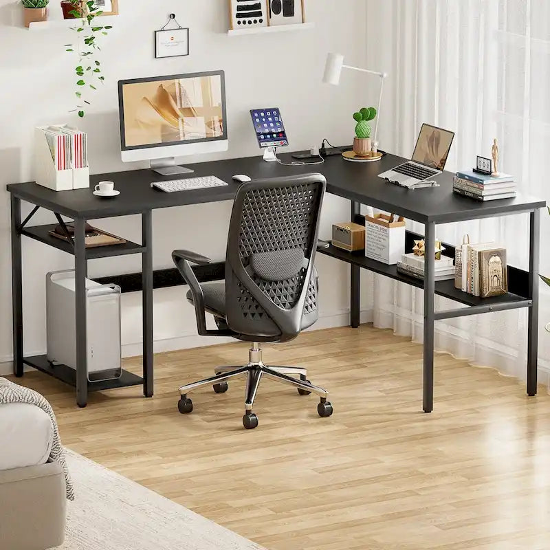 Bureau d'angle réversible avec étagères de rangement et station de charge pour bureau à domicile