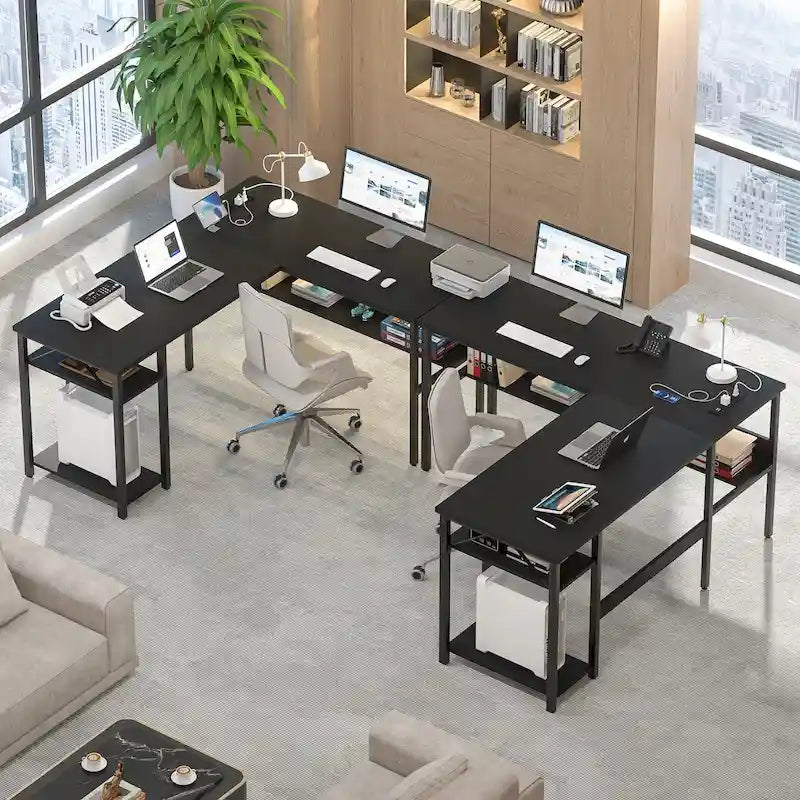 Bureau d'angle réversible avec étagères de rangement et station de charge pour bureau à domicile