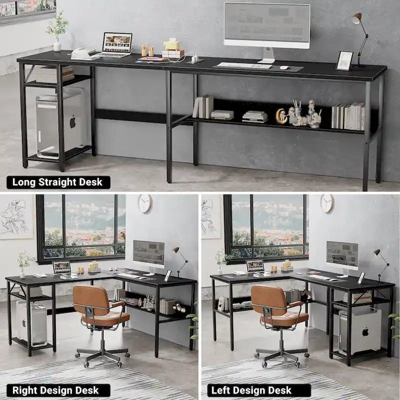 Bureau d'angle réversible avec étagères de rangement et station de charge pour bureau à domicile