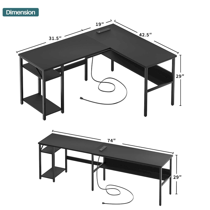 Bureau d'angle réversible avec étagères de rangement et station de charge pour bureau à domicile