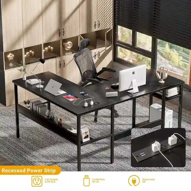 Bureau d'angle réversible avec étagères de rangement et station de charge pour bureau à domicile