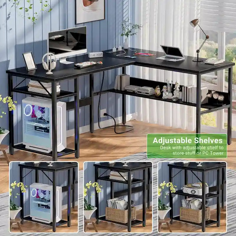 Bureau d'angle réversible avec étagères de rangement et station de charge pour bureau à domicile