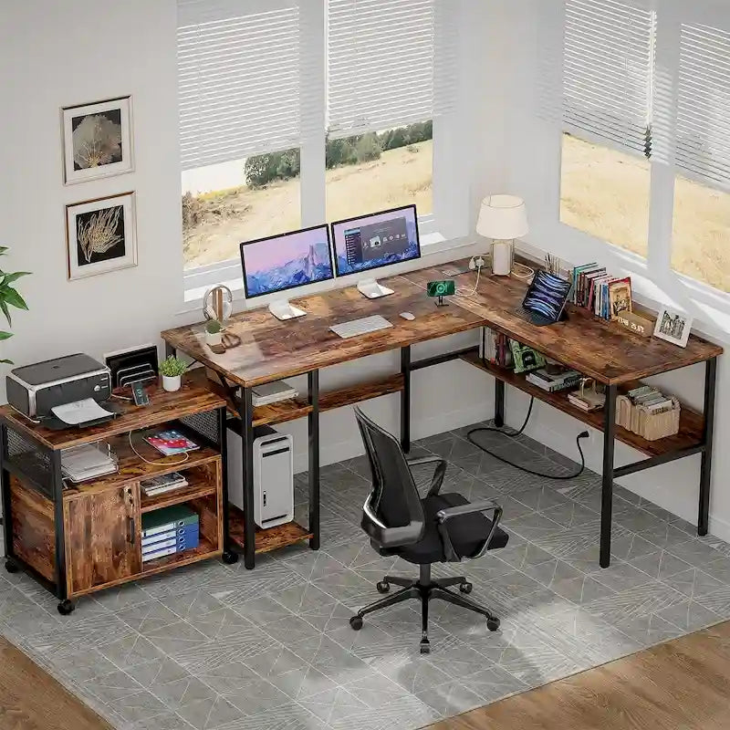 Bureau d'angle réversible avec étagères de rangement et station de charge pour bureau à domicile