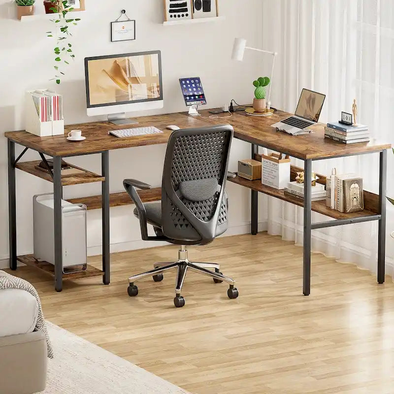 Bureau d'angle réversible avec étagères de rangement et station de charge pour bureau à domicile