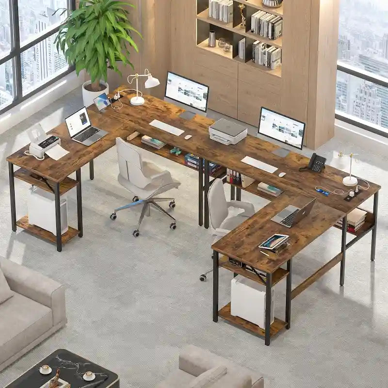 Bureau d'angle réversible avec étagères de rangement et station de charge pour bureau à domicile