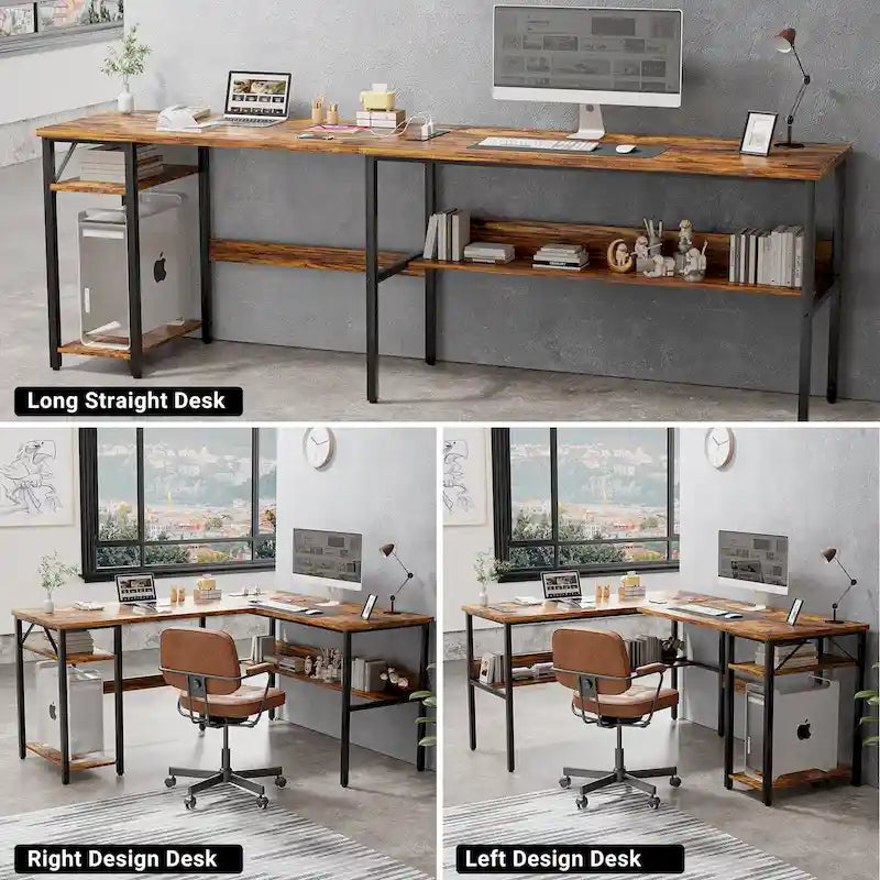 Bureau d'angle réversible avec étagères de rangement et station de charge pour bureau à domicile