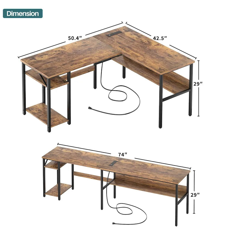 Bureau d'angle réversible avec étagères de rangement et station de charge pour bureau à domicile