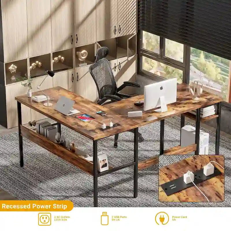 Bureau d'angle réversible avec étagères de rangement et station de charge pour bureau à domicile