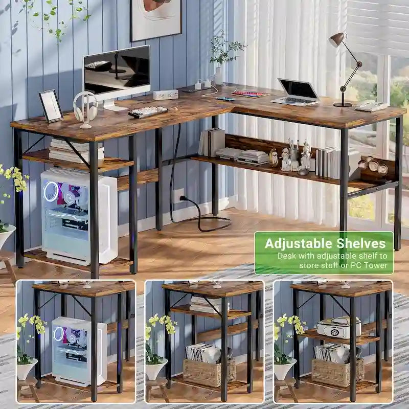 Bureau d'angle réversible avec étagères de rangement et station de charge pour bureau à domicile