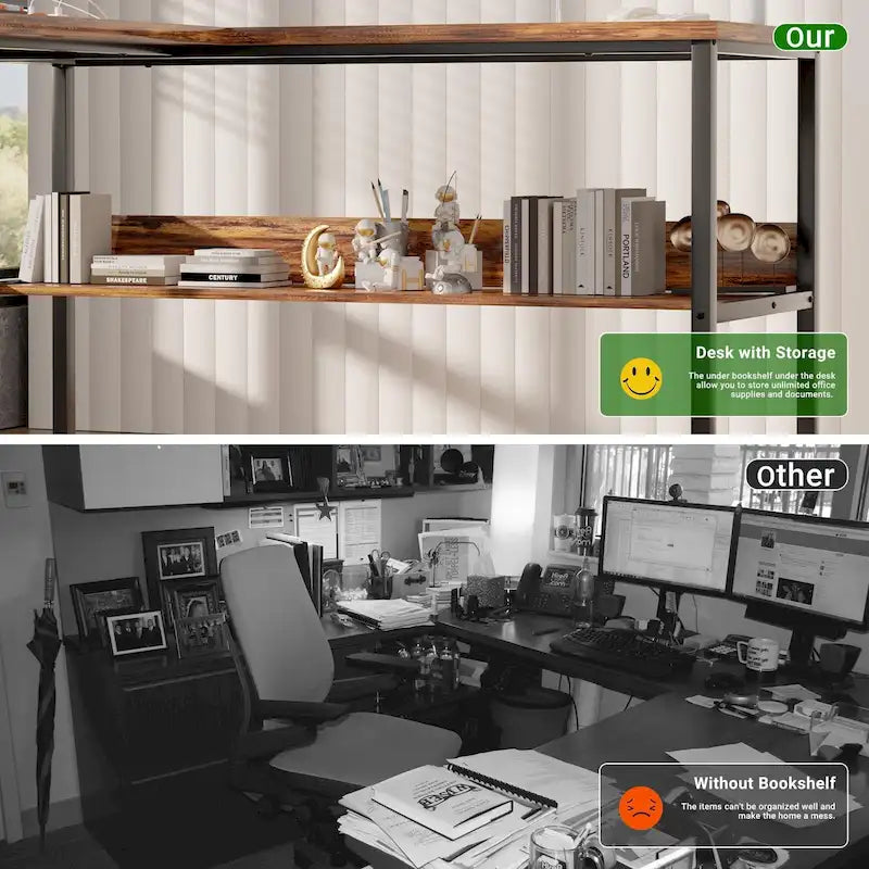 Bureau d'angle réversible avec étagères de rangement et station de charge pour bureau à domicile