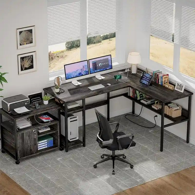 Bureau d'angle réversible avec étagères de rangement et station de charge pour bureau à domicile