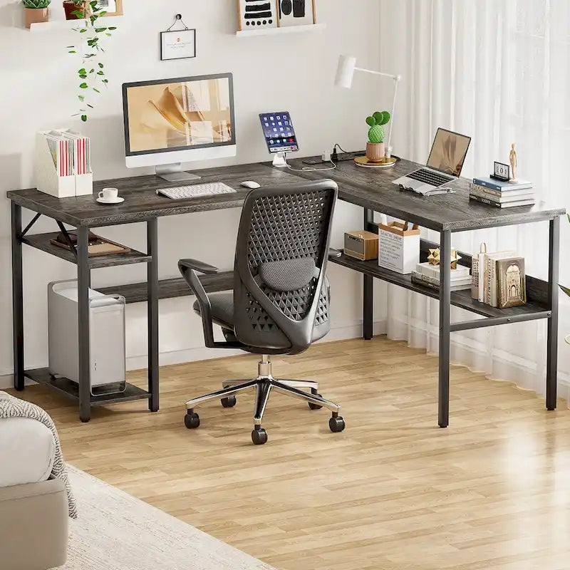 Bureau d'angle réversible avec étagères de rangement et station de charge pour bureau à domicile