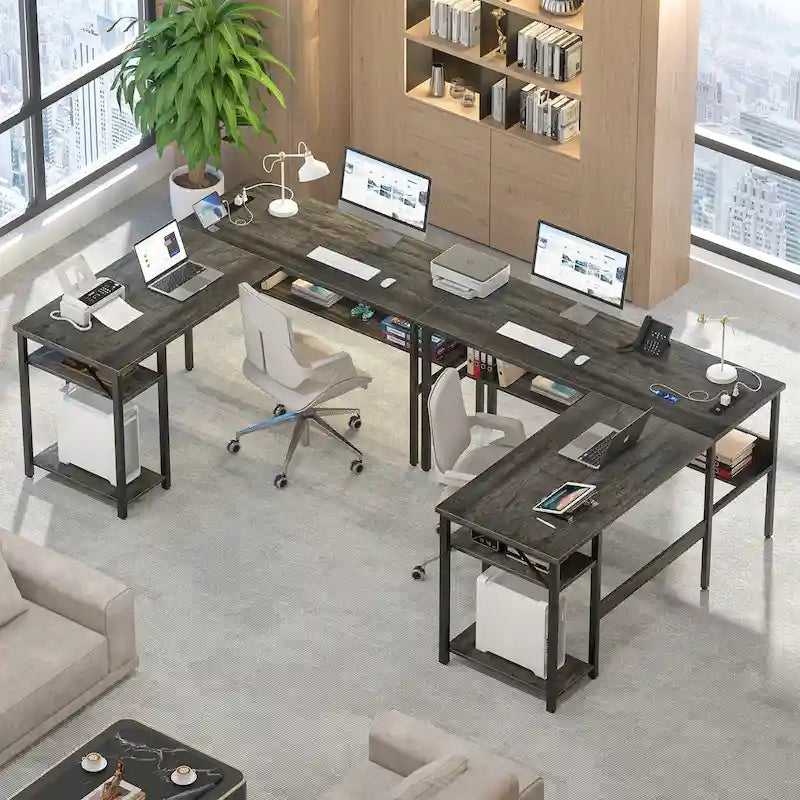 Bureau d'angle réversible avec étagères de rangement et station de charge pour bureau à domicile
