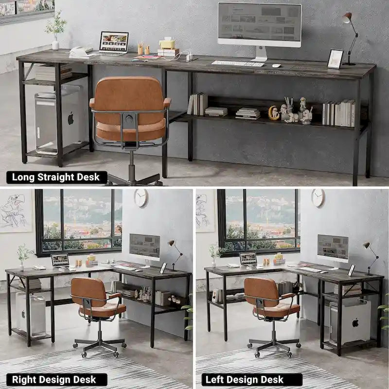 Bureau d'angle réversible avec étagères de rangement et station de charge pour bureau à domicile