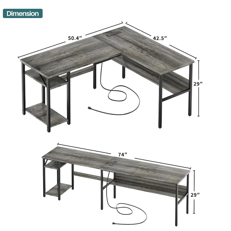Bureau d'angle réversible avec étagères de rangement et station de charge pour bureau à domicile