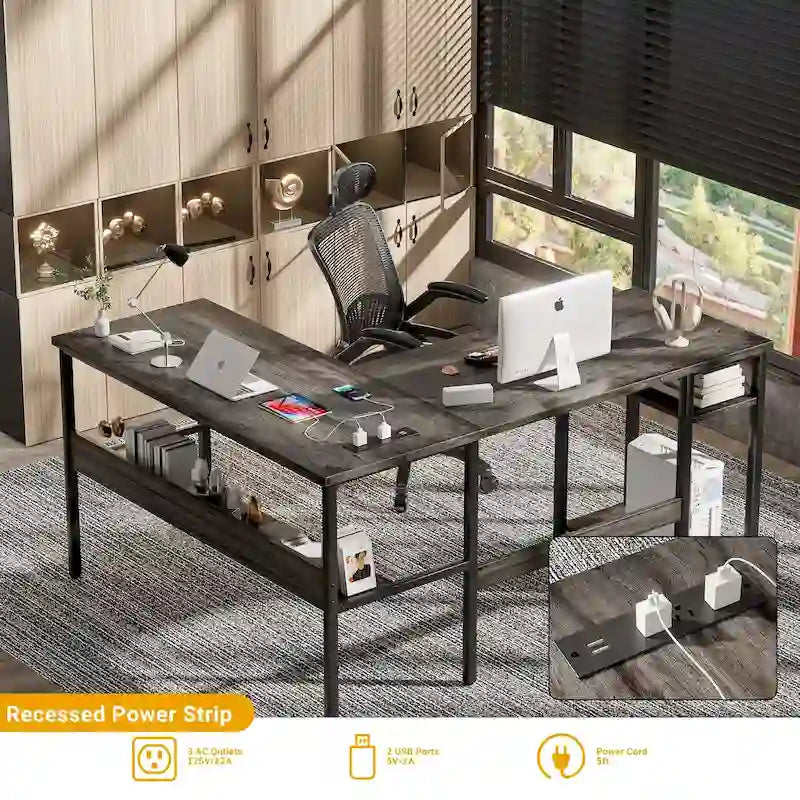 Bureau d'angle réversible avec étagères de rangement et station de charge pour bureau à domicile