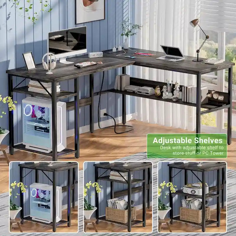 Bureau d'angle réversible avec étagères de rangement et station de charge pour bureau à domicile