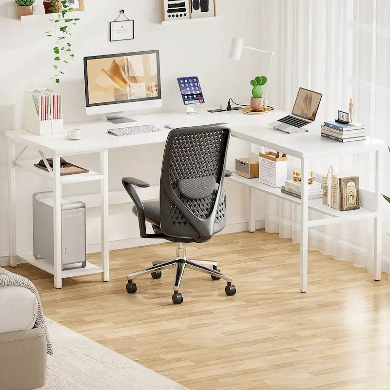Bureau d'angle réversible avec étagères de rangement et station de charge pour bureau à domicile
