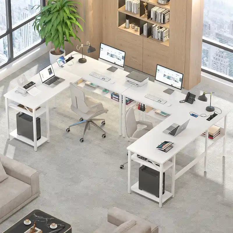 Bureau d'angle réversible avec étagères de rangement et station de charge pour bureau à domicile